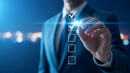 Businessman in a suit checking off items on a digital checklist with a glowing pen in a futuristic setting