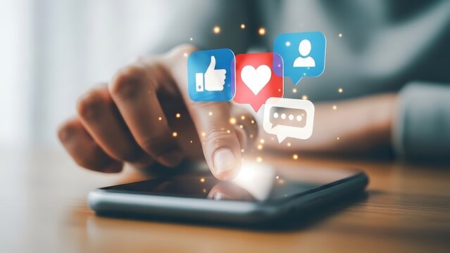 Close up of a person s hand interacting with social media icons appearing above a smartphone screen - Powered by Adobe