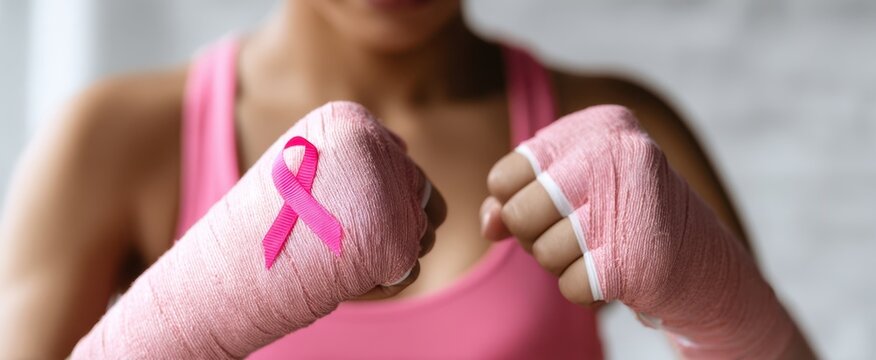The Pink Wrapped Fists of a Female Boxer Showing Breast Cancer Awareness