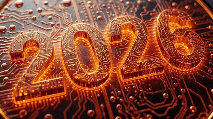 Glowing orange neon sign for New Year 2026 celebration at night with electronic circuits networks