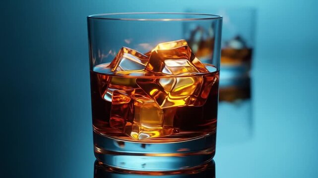 A clear tumbler holds amber whiskey with chunky ice, set against a cool blue backdrop with dim glow