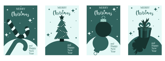 Trendy 2026 color Merry Christmas and Happy New Year vector greeting card set. Merry Christmas poster cover collection with ball candy Xmas tree and shadow. Perfect holiday flyer background. EPS 10