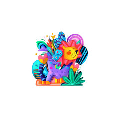 Vibrant, stylized lion and cat graphic with floral, abstract elements