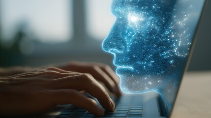 Hands typing on a keyboard, interacting with a glowing futuristic artificial intelligence profile projecting bright blue light from the laptop screen.