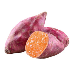 Two purple sweet potatoes, one sliced open, revealing orange flesh
