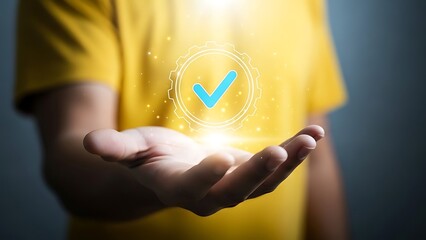 Glowing checkmark icon in hand symbolizing quality assurance and digital trust concept modern tech