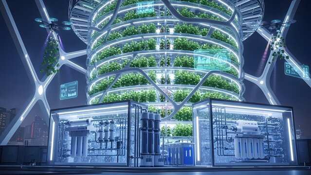 Network cables connect a computer network server inside a modern glass office building in the urban skyline at night