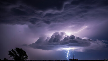 A brilliant flash of lightning illuminates the turbulent purple clouds of a severe thunderstorm