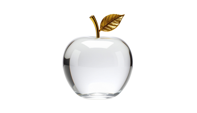 Crystal Apple Ornament with Gold Leaf Stem – Transparent Background