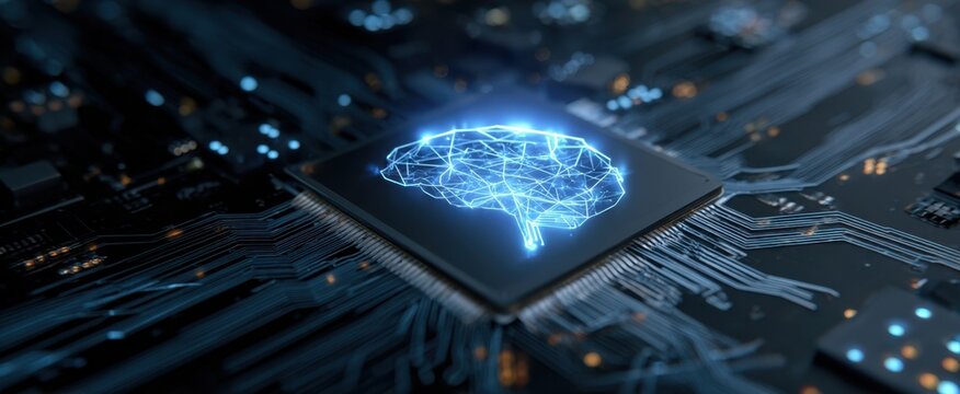 The Brain Hologram on Microchip Symbolizing Artificial Intelligence Neural Network and Futuristic Technology