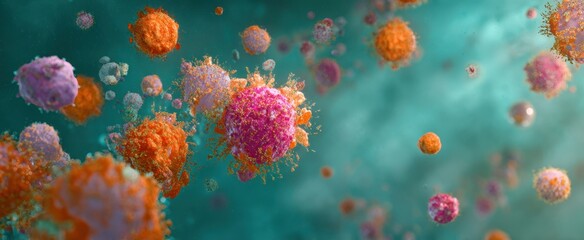 The virus particles and immune cells floating in a turquoise microscopic environment