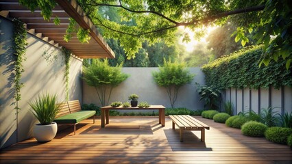 Fototapeta premium Serene Outdoor Patio Design with Wooden Pergola, Lush Greenery, and Relaxing Seating Area