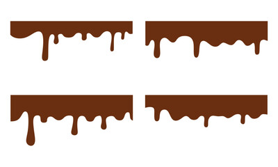 A set of melting and dripping chocolate. Melted chocolate dripping on white background. Melted chocolate seamless texture. 
