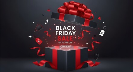 Black friday sale promotion with gift box and ribbon on a dark background