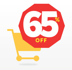 65% offer, clearance, tag, store, advertising, off, market, special, advertisement, promo, sale, discount, shop cart, vector, set, icon, design. Poster, sig, retail, annual, banner, shape