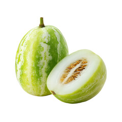 Two striped melons, one whole, one halved, pale green and white