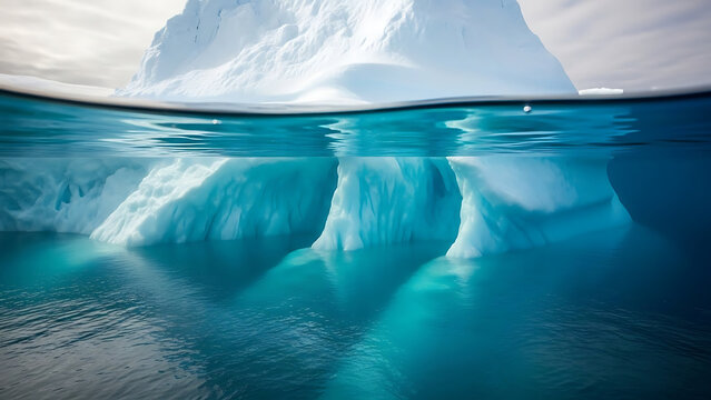 An ethereal view Exploring the mesmerizing underwater world of a towering iceberg in the ocean