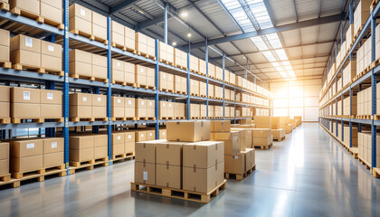 Warehouse Interior with Stacked Boxes and Sunlight