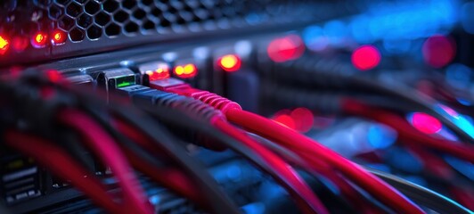 The network cables connecting illuminated servers in a high tech data center