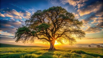 Fototapeta premium Majestic Oak Tree Silhouetted Against a Vibrant Sunrise Over a Rolling Green Meadow