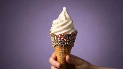 A hand holds a waffle cone with vanilla soft-serve and rainbow sprinkles, against a purple backdrop - Powered by Adobe