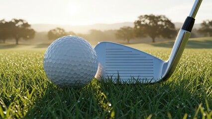 Golf ball and golf club iron resting on dewy green grass at a golf course during a bright early morning