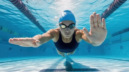 Young woman swimmer in blue swim cap and goggles swims underwater in a clear swimming pool on a bright sunny day