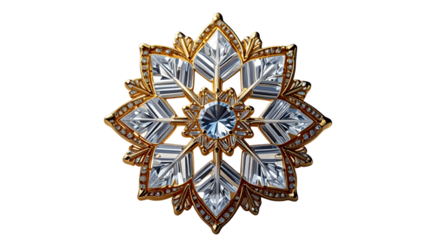 Crystal Snowflake Brooch with Gold Frame – Transparent Background PNG