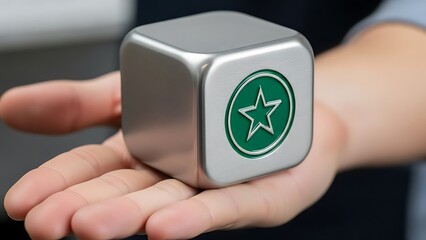A person holding a sleek, metallic cube with a green star emblem, symbolizing innovation and modern solutions