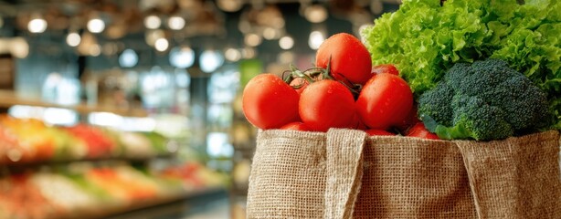 The burlap bag of fresh tomatoes, lettuce and broccoli at a supermarket produce display