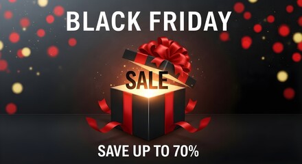 Black friday sale with gift box and red ribbon on a dark festive background