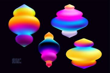 Set of iridescent 3D geometric shapes. Collection of colorful abstract gradient forms.