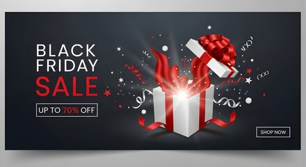 Black friday sale promotion with gift box and red ribbon on a dark background