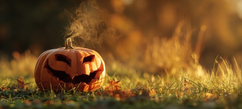 The Pumpkin Jack-o'-Lantern Emitting Smoky Glow on Dewy Grass at Golden Sunset