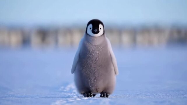 Baby penguin waddling on snowy landscape in antarctic journey captured in dynamic motion sequence