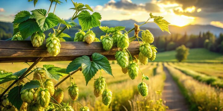 Golden Hour Hop Bines Growing on Rustic Wooden Trellis in a Picturesque Rural Setting