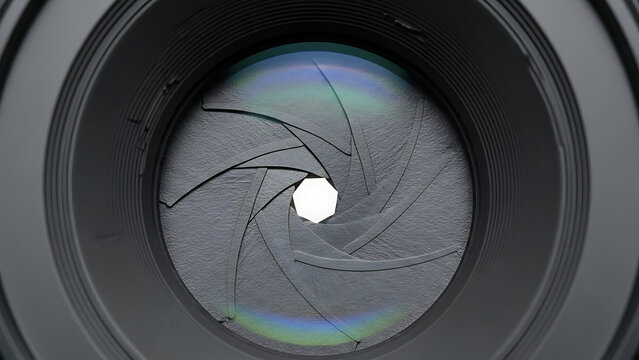 Futuristic concept of a digital optical iris mechanism inside a professional camera lens
