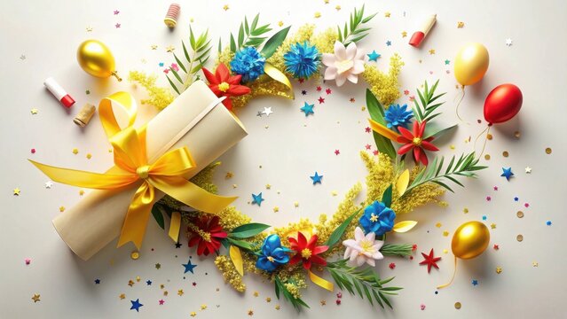 Celebration of Achievement Festive Floral Wreath Surrounding a Rolled Certificate with Yellow Ribbon and Colorful Balloons and Confetti - Powered by Adobe