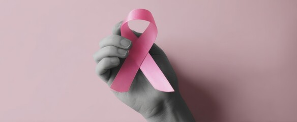 The Pink Ribbon Held by Hand Symbolizing Breast Cancer Awareness and Support
