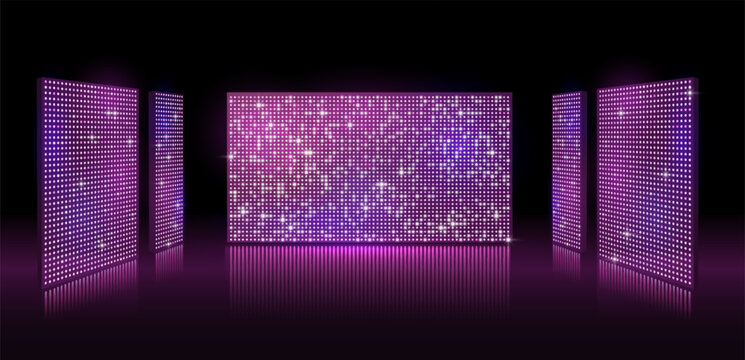 Purple led lights video screen concert or show background, board wall stage with monitors glow round dotted TV display