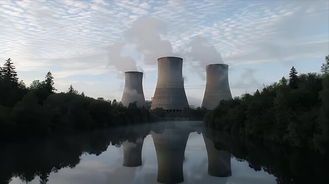 A serene view of a nuclear power plant with smoke rising, reflected in the calm water. The landscape is lush and shrouded in early morning fog