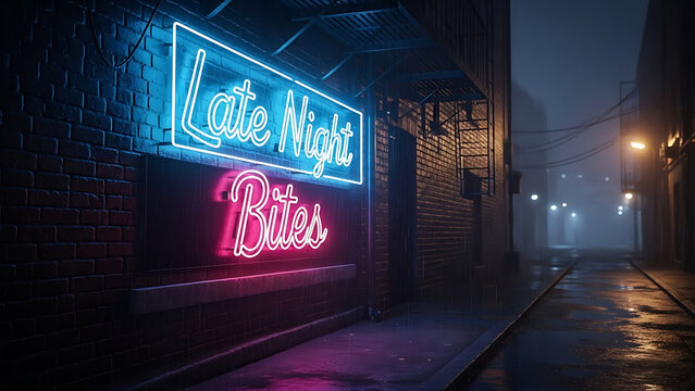 Atmospheric city alley illuminated by a vivid 'Late Night Bites' neon sign on a rainy night