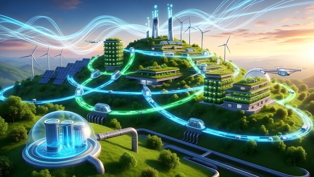 Global digital network connecting the urban business technology skyline concept at night