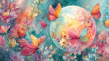 Colorful butterflies flutter around vibrant blossoms in nature.