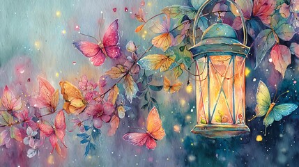 Beautiful watercolor lantern surrounded by colorful butterflies.