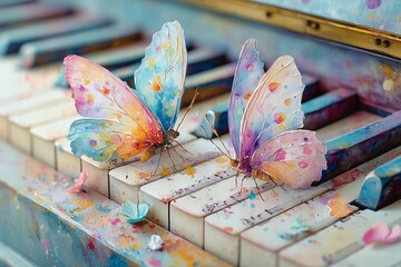 Colorful butterflies perched on a vintage piano keyboard.