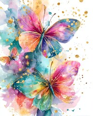 Vibrant watercolor butterflies with colorful splashes and gold accents.