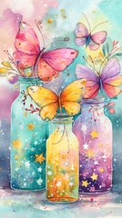 Colorful butterflies in glass jars create a whimsical scene.