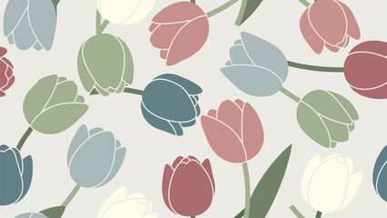 Delicate tulip pattern creates a soft, spring feeling with pastel hues, perfect for backgrounds, textiles, and adding a touch of floral elegance