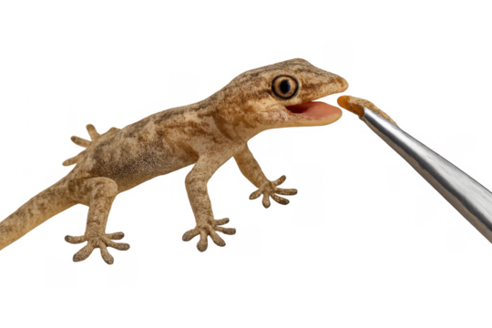 Gecko reptile eating insect from tweezers on transparent background